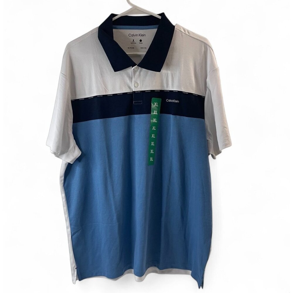 NWT Calvin Klein Mens Polo Shirt XL White & Blue Quick Dry Moisture-Wicking